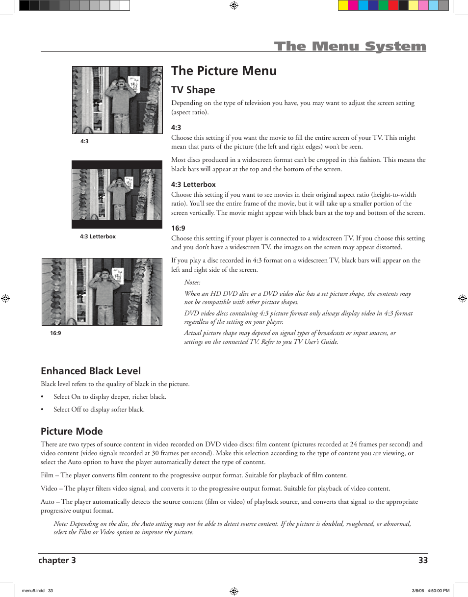 The menu system the picture menu, Tv shape, Enhanced black level | Picture mode | RCA HDV5000 User Manual | Page 37 / 62