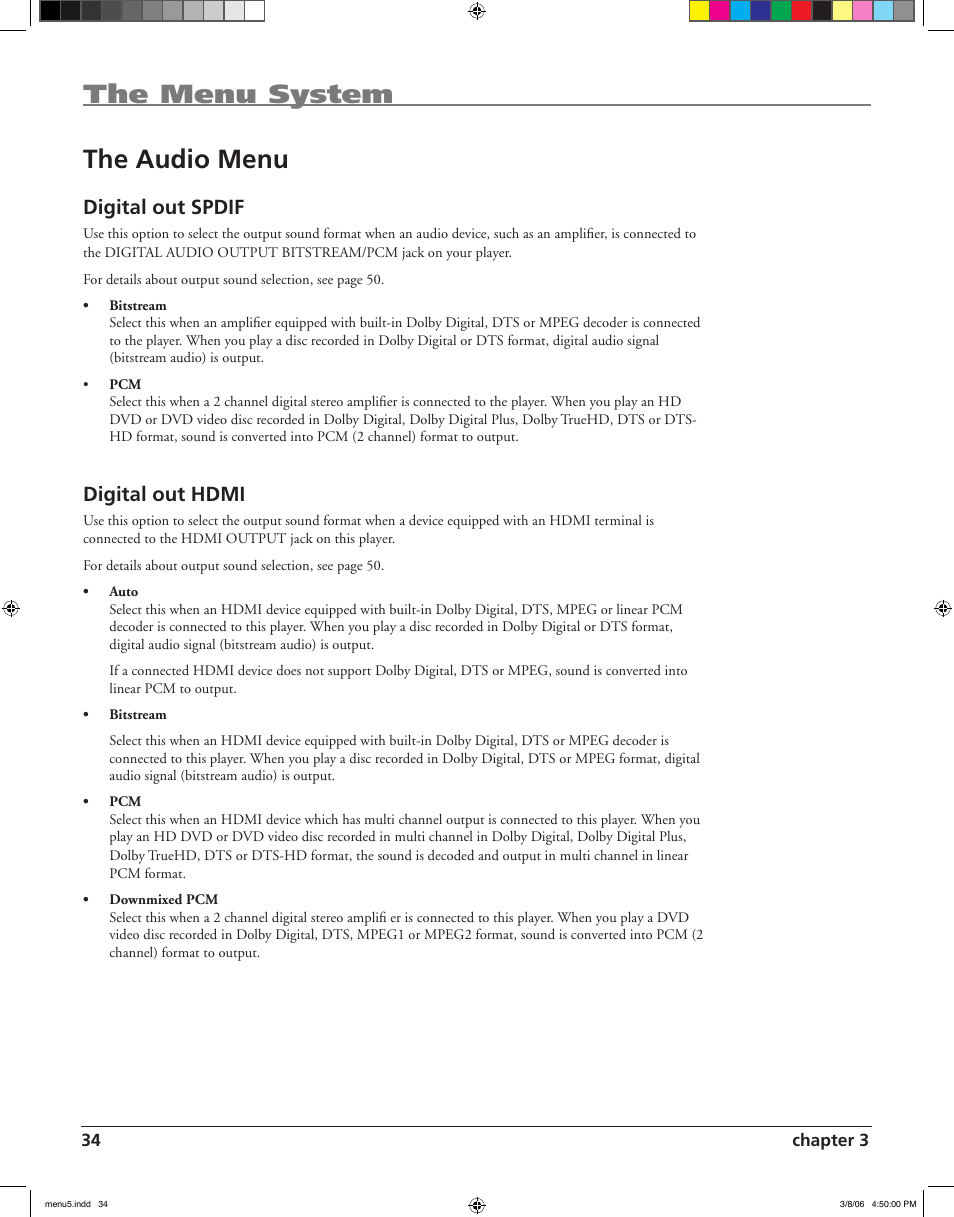 The menu system the audio menu, Digital out spdif, Digital out hdmi | RCA HDV5000 User Manual | Page 38 / 62