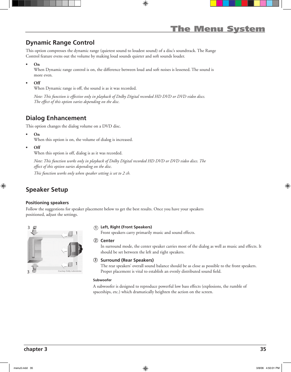 The menu system, Dynamic range control, Dialog enhancement | Speaker setup | RCA HDV5000 User Manual | Page 39 / 62