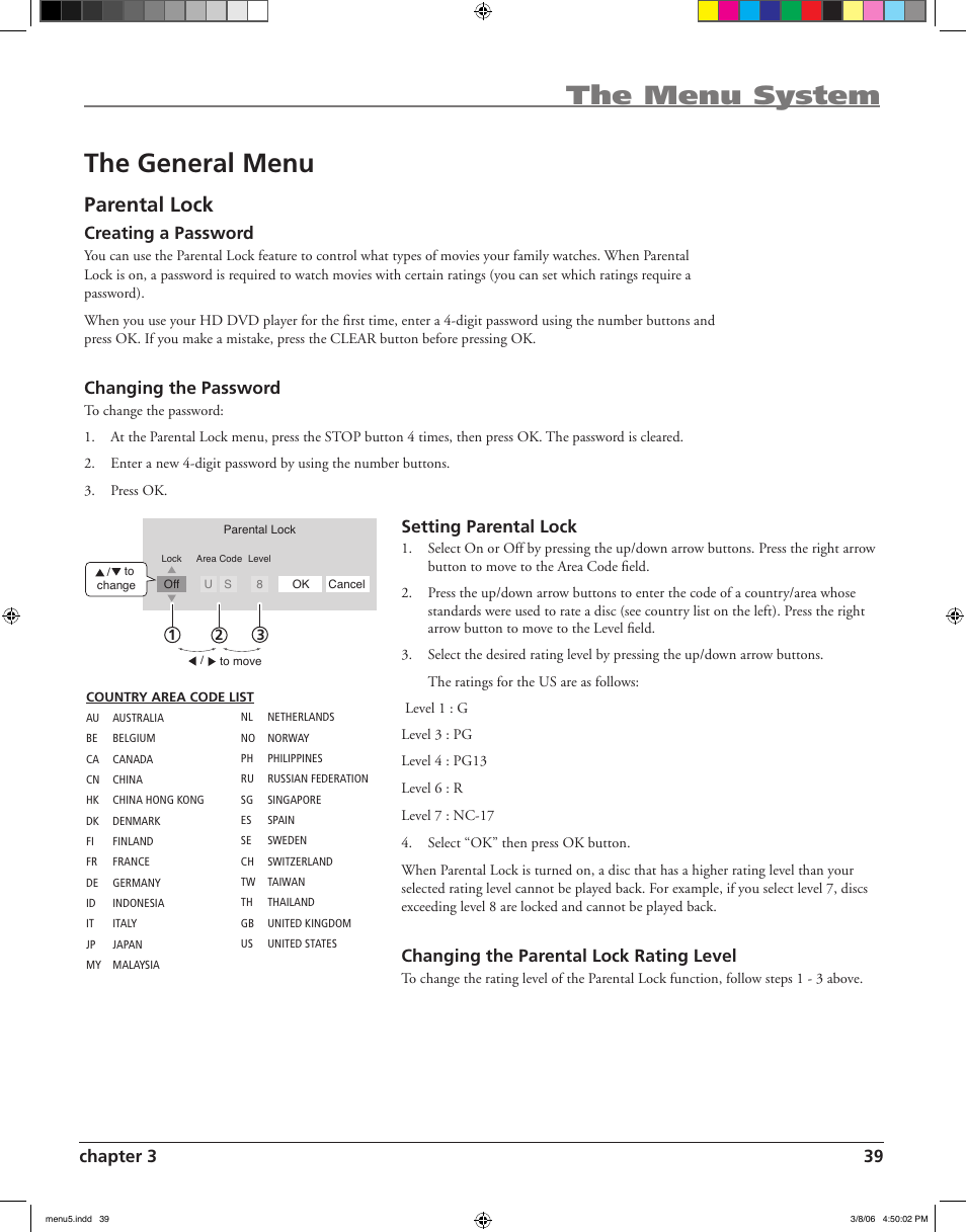 The menu system the general menu, Parental lock, Chapter 3 39 | Creating a password, Changing the password, Setting parental lock, Changing the parental lock rating level | RCA HDV5000 User Manual | Page 43 / 62