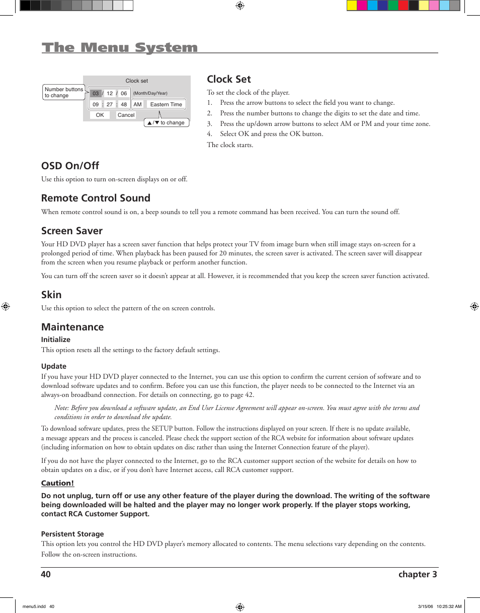 The menu system, Clock set, Osd on/off | Remote control sound, Screen saver, Skin, Maintenance, 40 chapter 3 | RCA HDV5000 User Manual | Page 44 / 62