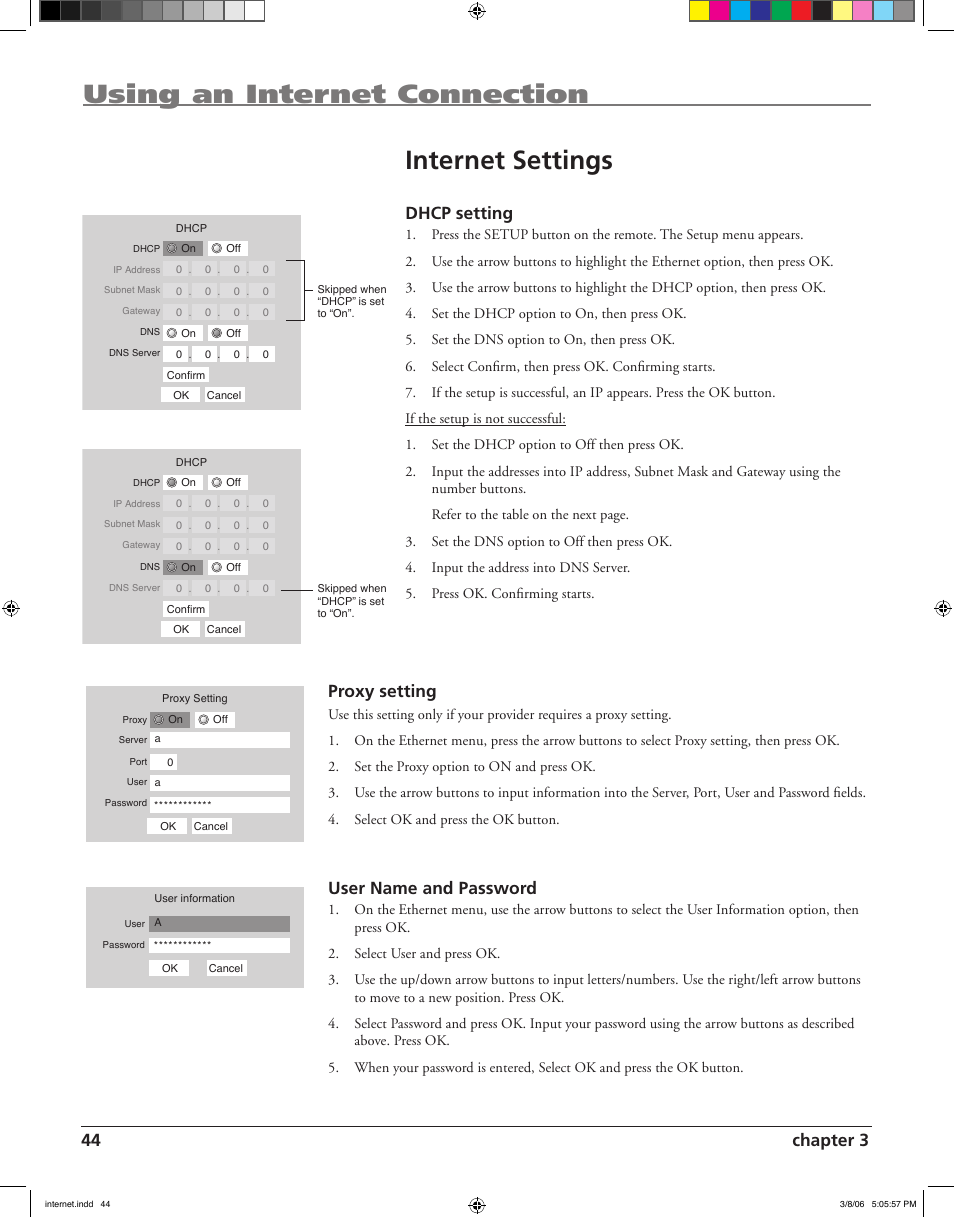 Using an internet connection internet settings, 44 chapter 3, Dhcp setting | Proxy setting, User name and password, Connections, Others | RCA HDV5000 User Manual | Page 48 / 62