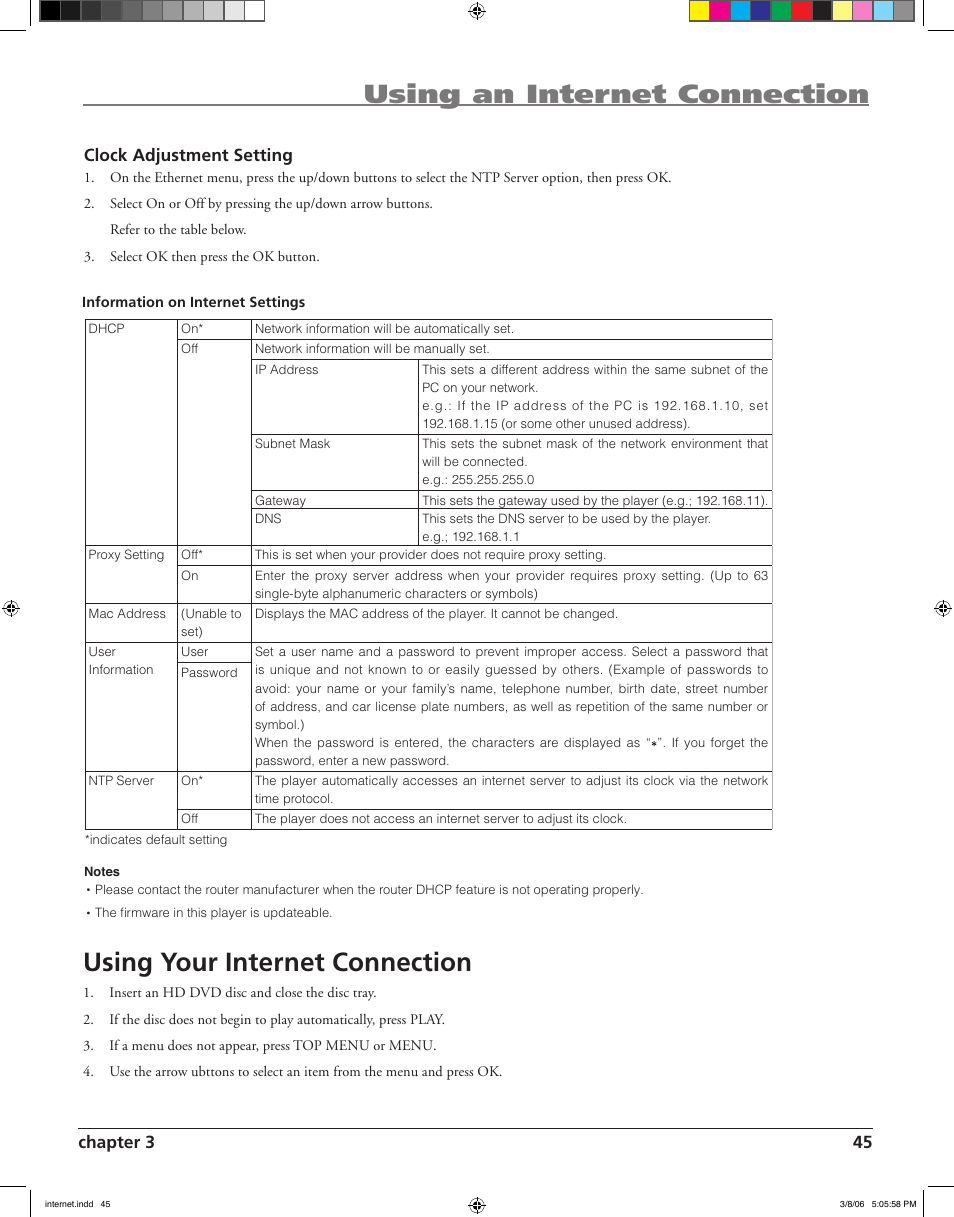 Using an internet connection, Using your internet connection, Chapter 3 45 | Clock adjustment setting | RCA HDV5000 User Manual | Page 49 / 62