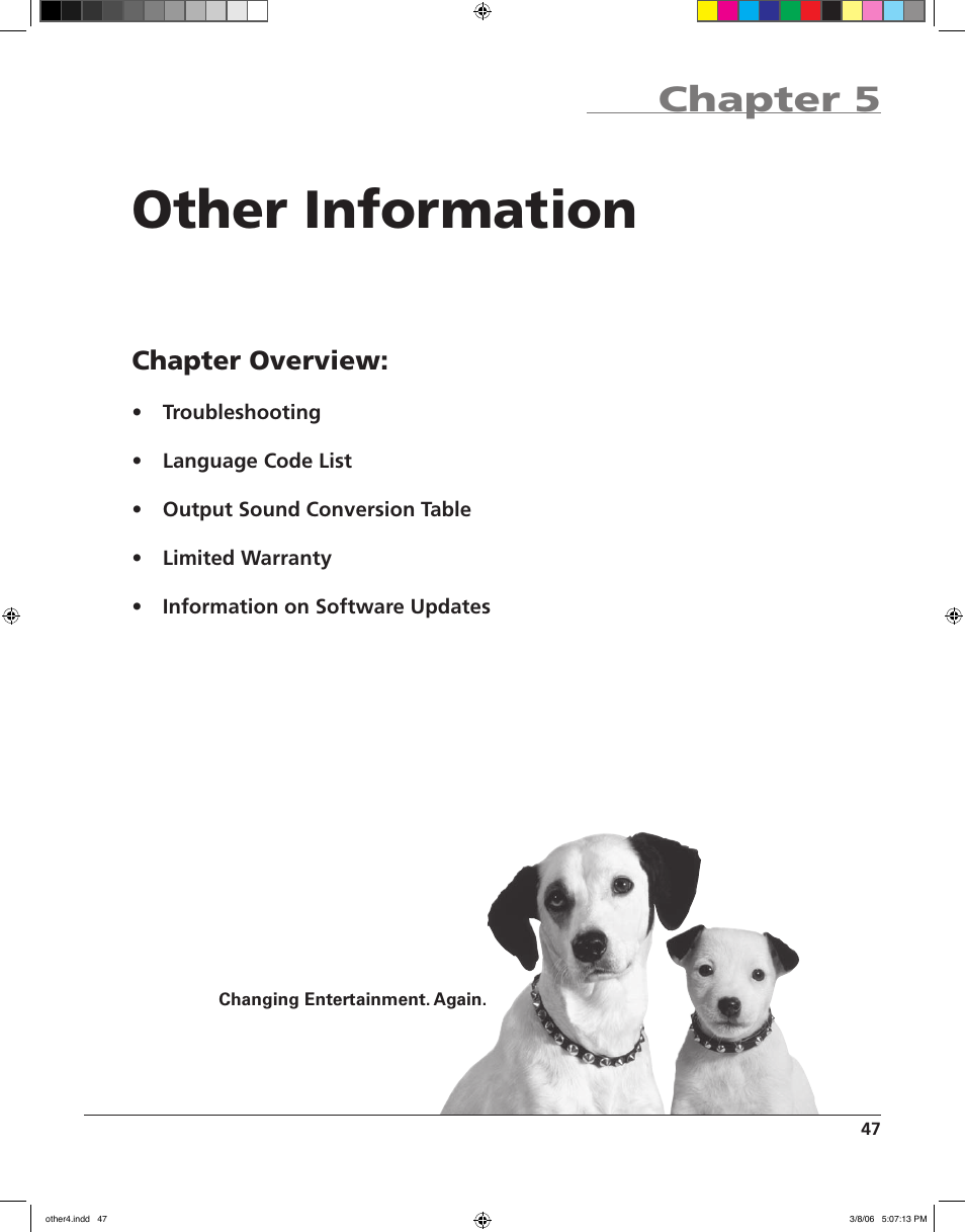 Other information, Chapter 5, Chapter overview | RCA HDV5000 User Manual | Page 51 / 62