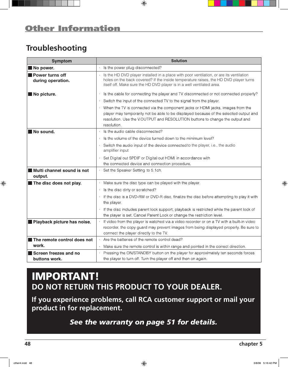 Important, Other information troubleshooting, Do not return this product to your dealer | RCA HDV5000 User Manual | Page 52 / 62