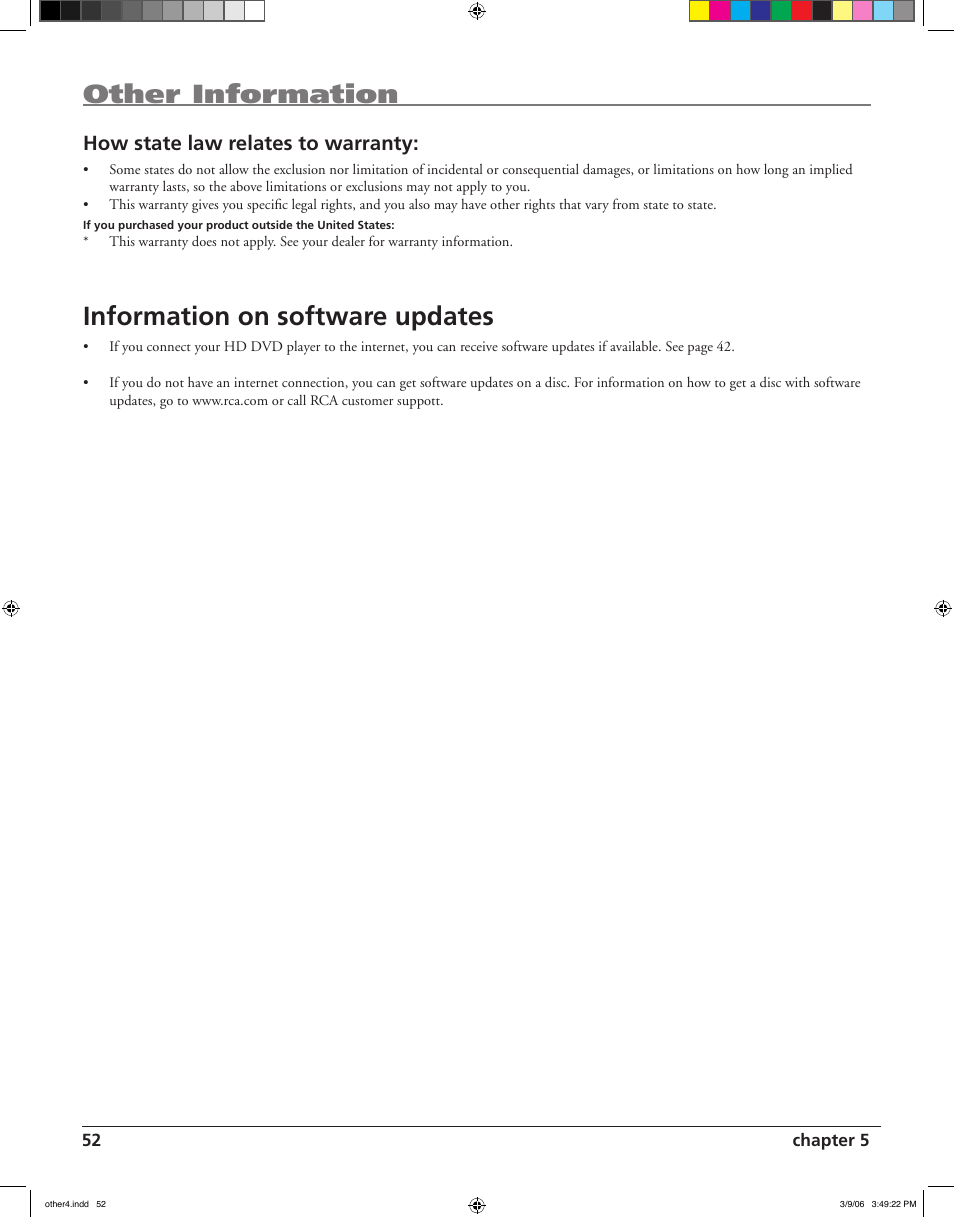 Other information, Information on software updates, How state law relates to warranty | RCA HDV5000 User Manual | Page 56 / 62