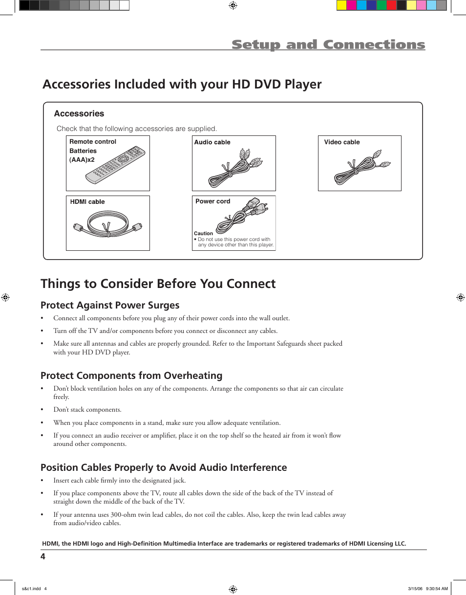 Accessories included with your hd dvd player, Protect against power surges, Protect components from overheating | RCA HDV5000 User Manual | Page 8 / 62