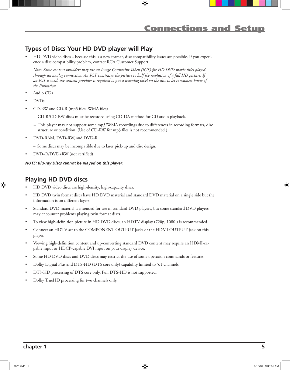 Connections and setup, Types of discs your hd dvd player will play, Playing hd dvd discs | RCA HDV5000 User Manual | Page 9 / 62