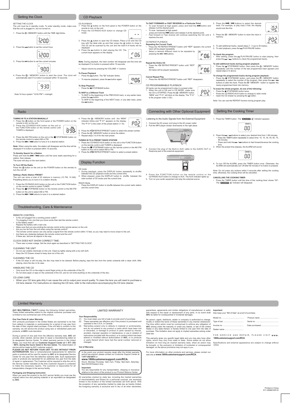 Connecting with other optional equipment, Troubleshooting, care & maintenance, Radio | Setting the cooking timer, Display function, Cd playback, Setting the clock, Limited warranty | RCA SPS3600 User Manual | Page 2 / 3