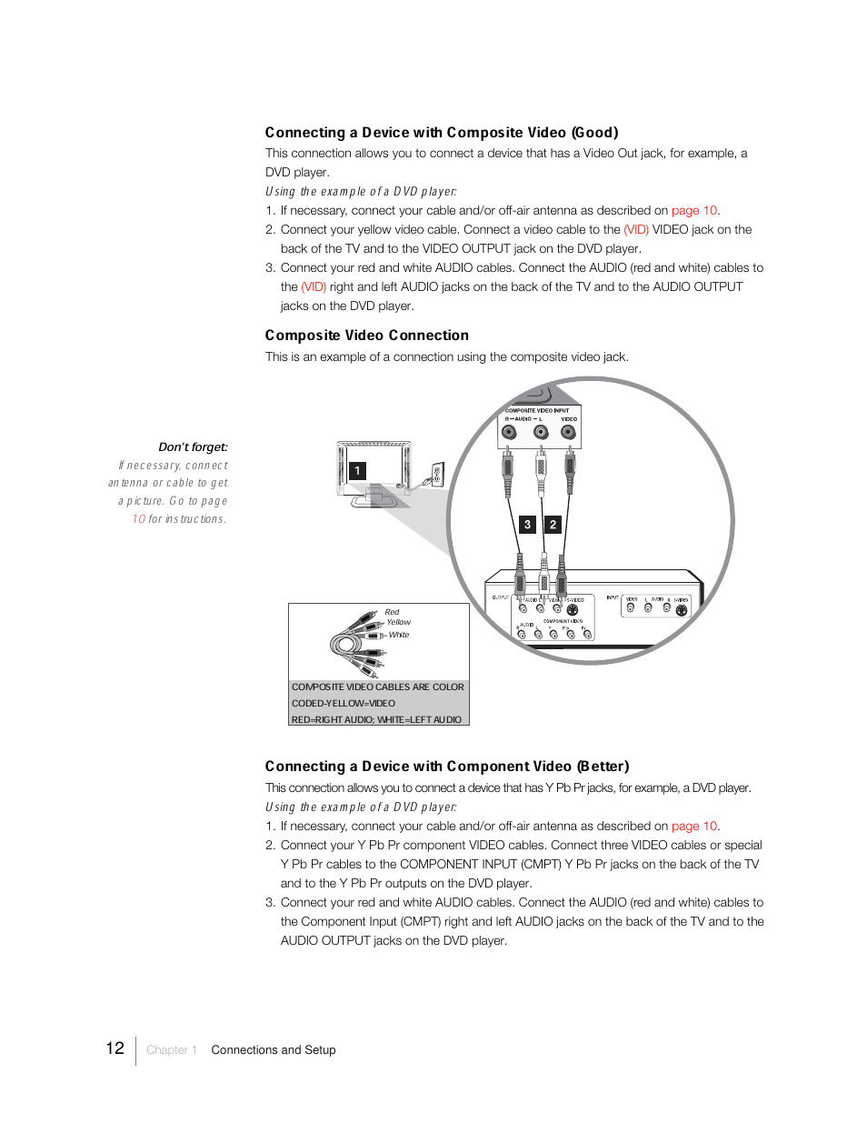Connecting a device with composite video (good), Composite video connection, Connecting a device with component video (better) | Using the example of a dvd player | RCA 31Series User Manual | Page 12 / 48