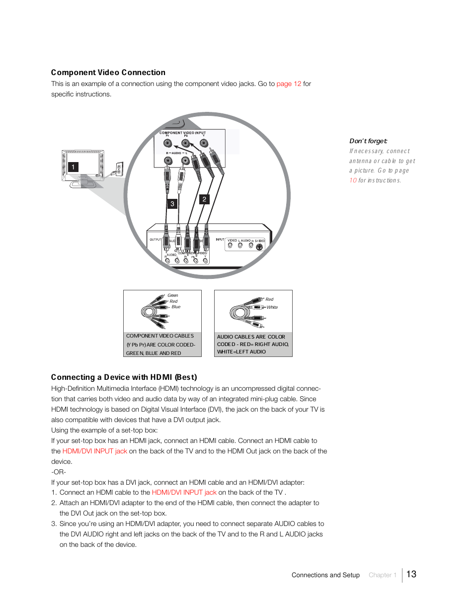 Component video connection, Connecting a device with hdmi (best) | RCA 31Series User Manual | Page 13 / 48