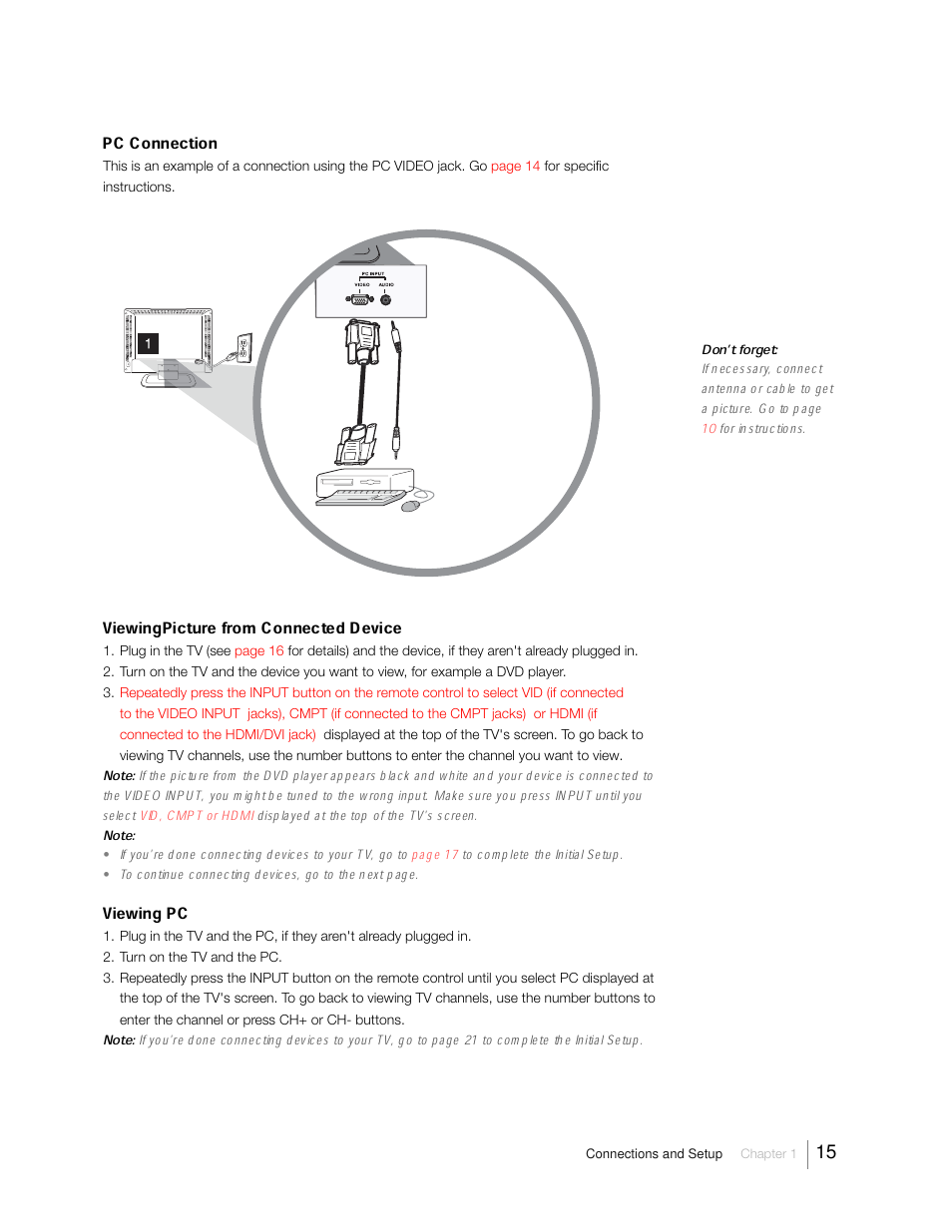 Pc connection, Viewingpicture from connected device, Viewing pc | RCA 31Series User Manual | Page 15 / 48