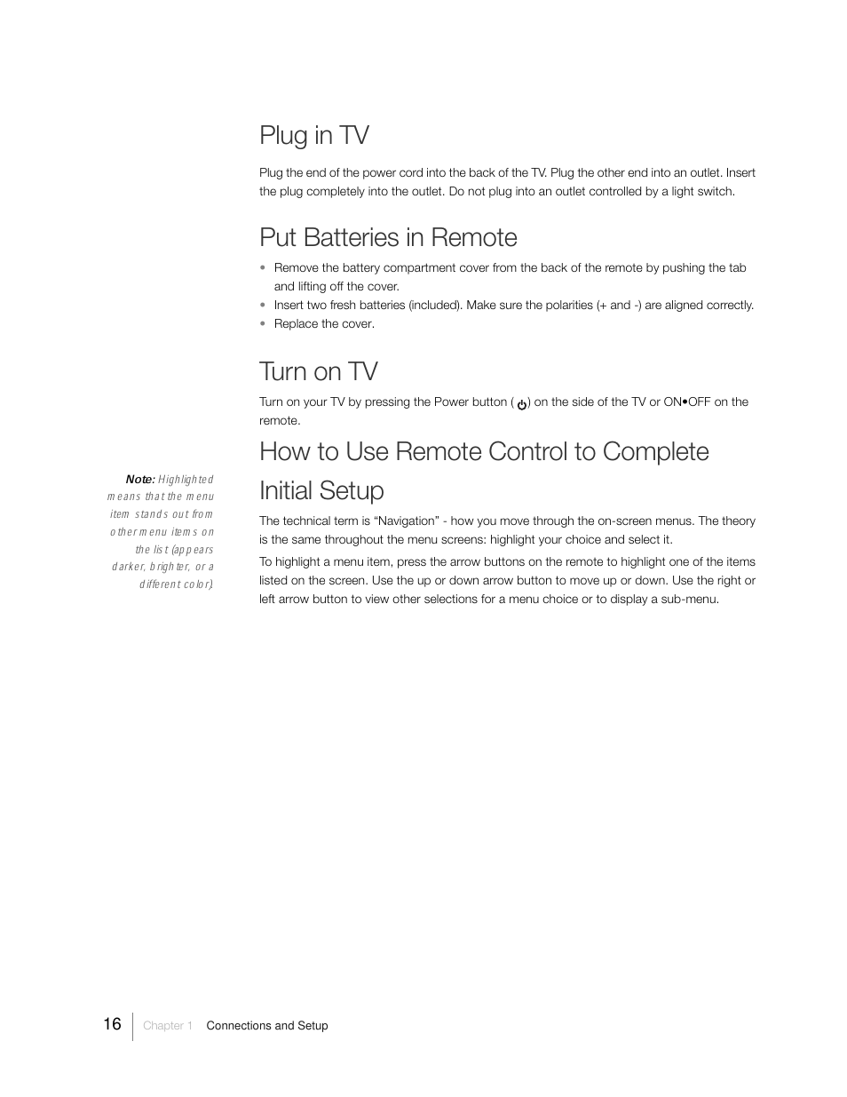 Plug in tv, Put batteries in remote, Turn on tv | RCA 31Series User Manual | Page 16 / 48