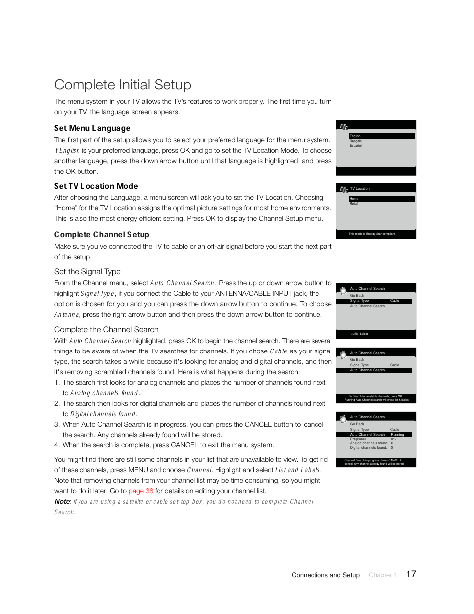 Complete initial setup, Set menu language, Set tv location mode | Complete channel setup, English, Auto channel search, Signal type, Antenna, Cable, Analog channels found | RCA 31Series User Manual | Page 17 / 48