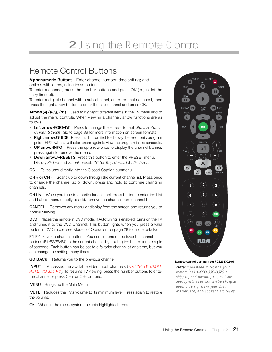 Using the remote control, Remote control buttons, Alphanumeric buttons | RCA 31Series User Manual | Page 21 / 48