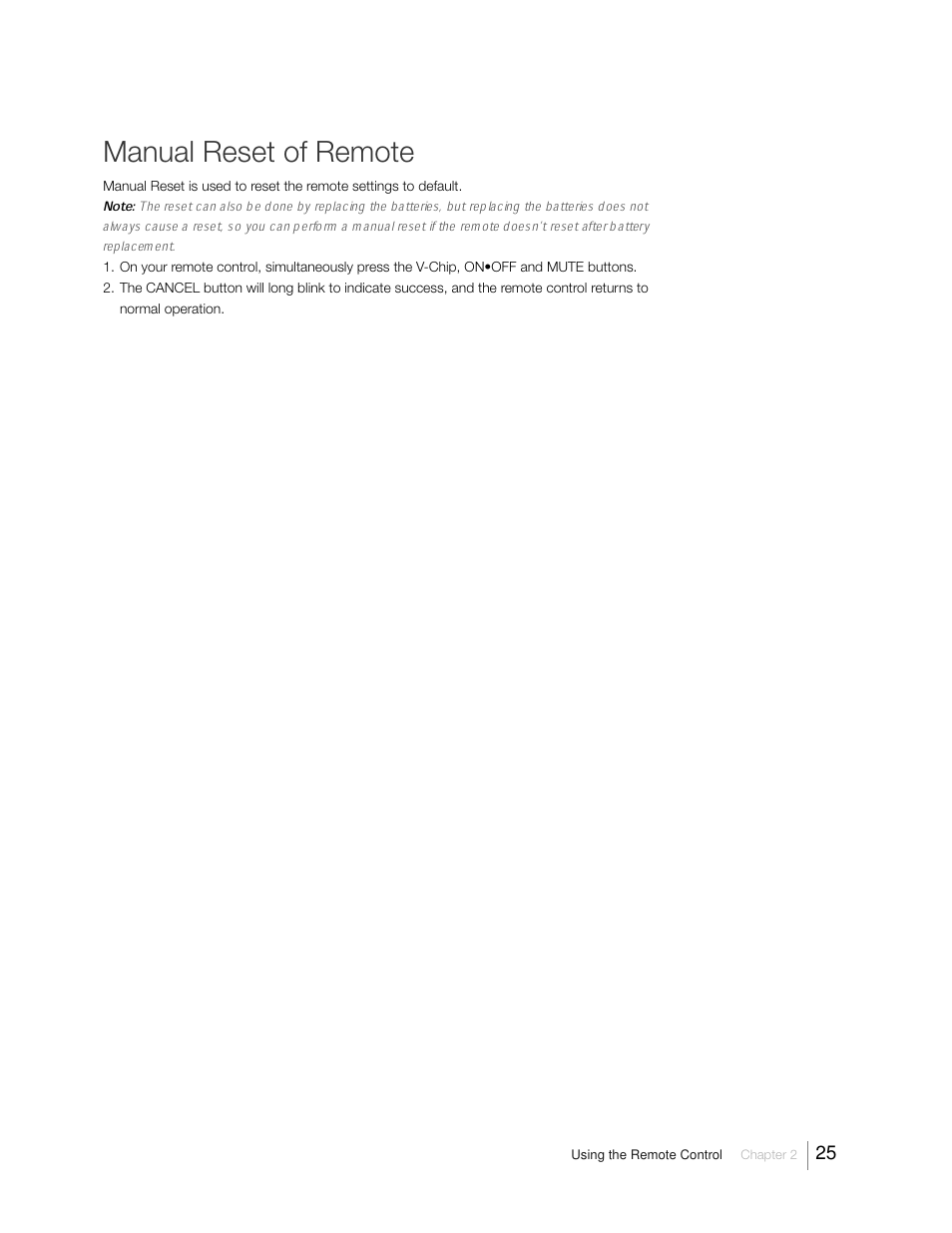 Manual reset of remote | RCA 31Series User Manual | Page 25 / 48