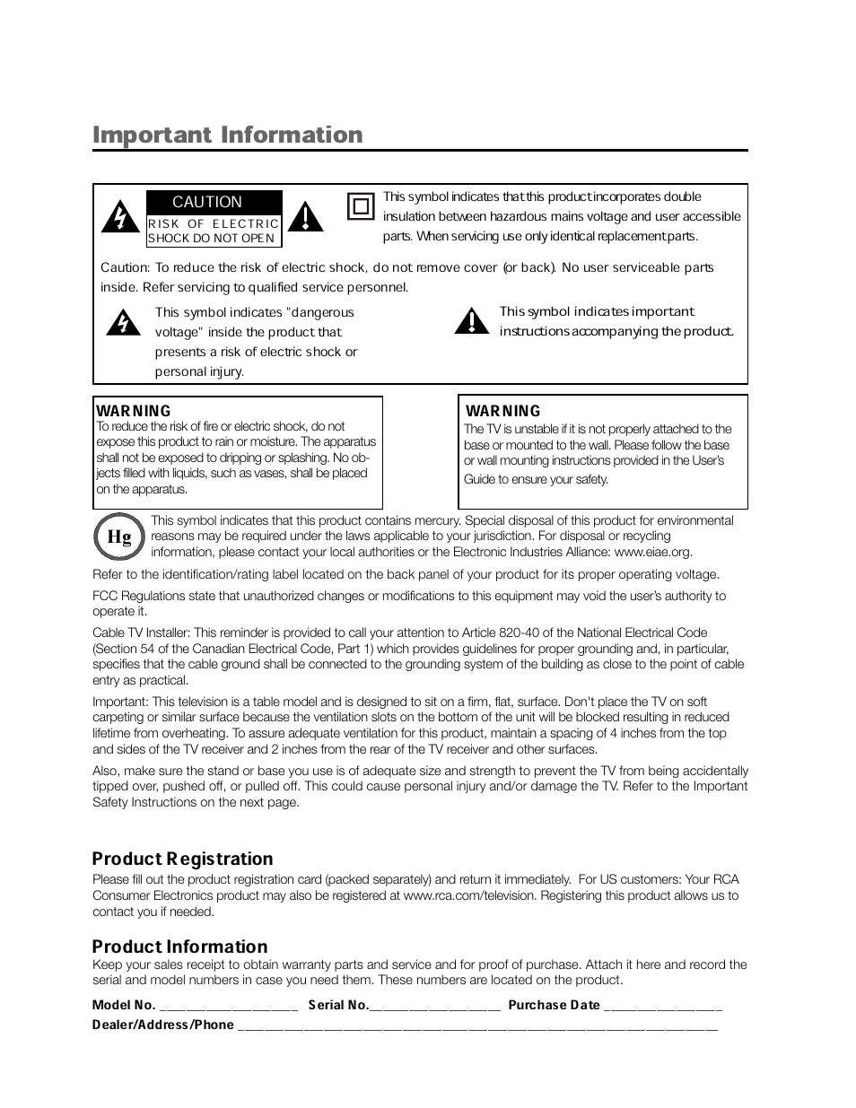 Important information, Product registration, Product information | Warning, Caution | RCA 31Series User Manual | Page 3 / 48