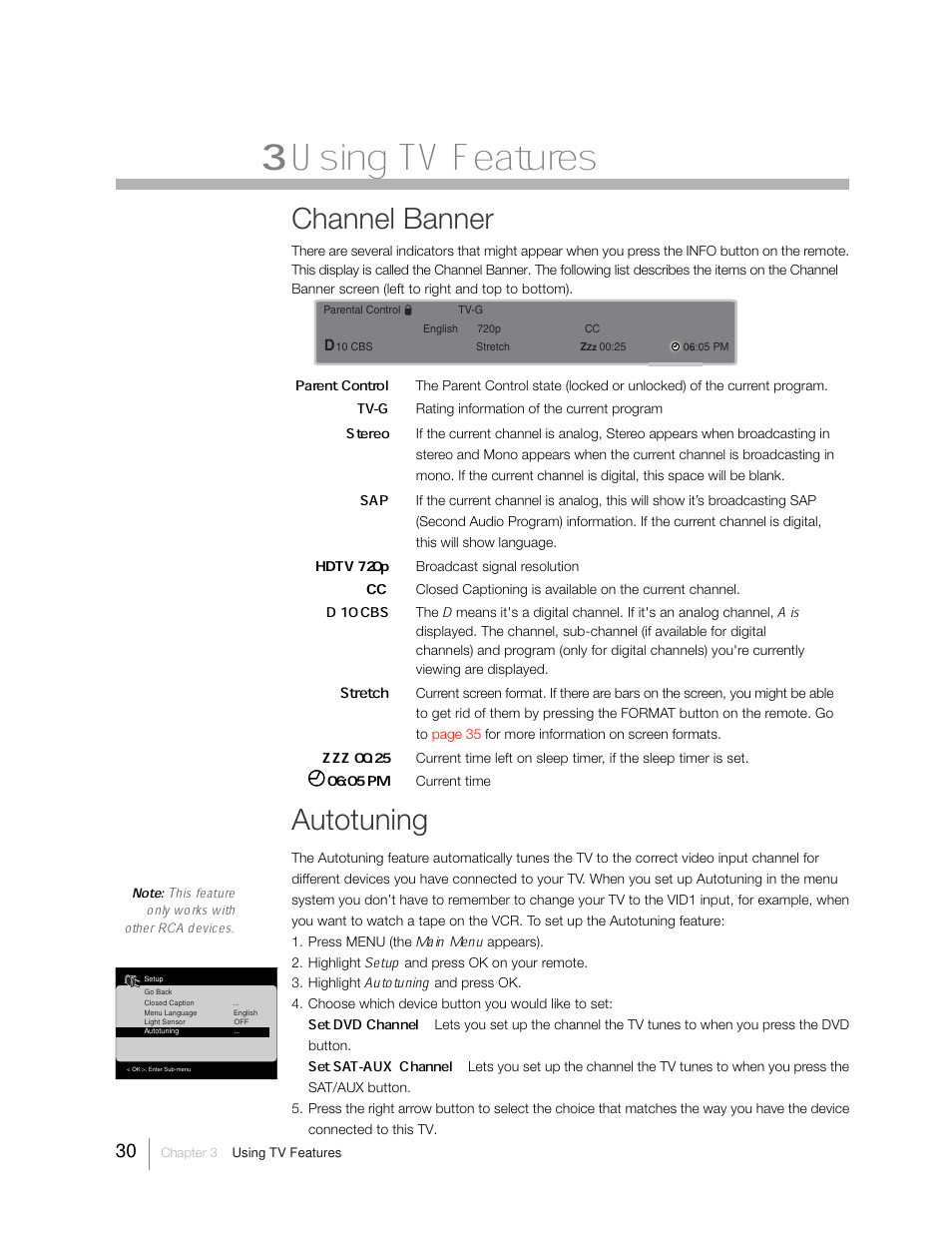 3 using tv features, Channel banner, Autotuning | RCA 31Series User Manual | Page 30 / 48