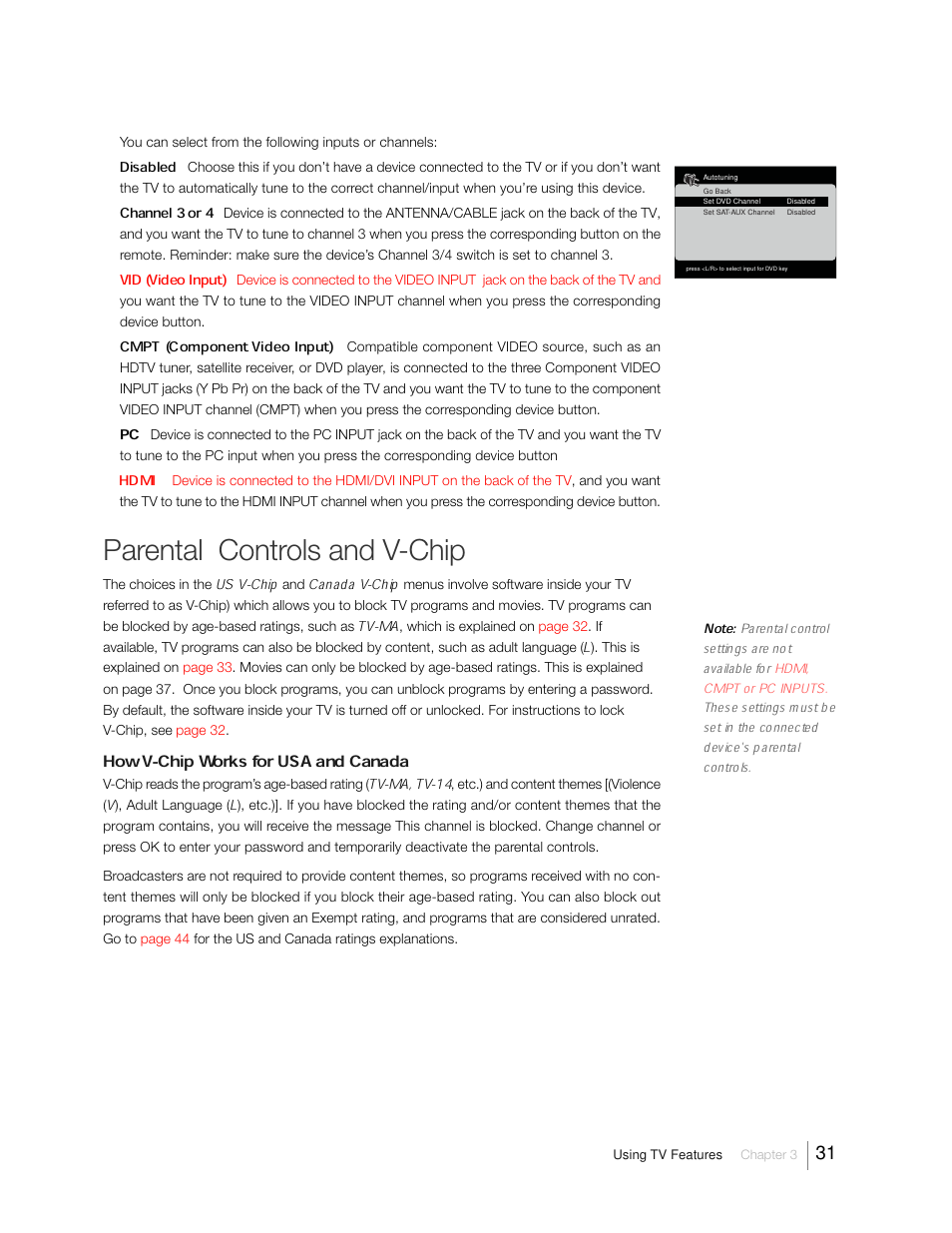 Parental controls and v-chip, Disabled, Channel 3 or 4 | Vid (video input), Cmpt (component video input), Hdmi, Us v-chip, Canada v-chip, Tv-ma, Tv-ma, tv-14 | RCA 31Series User Manual | Page 31 / 48