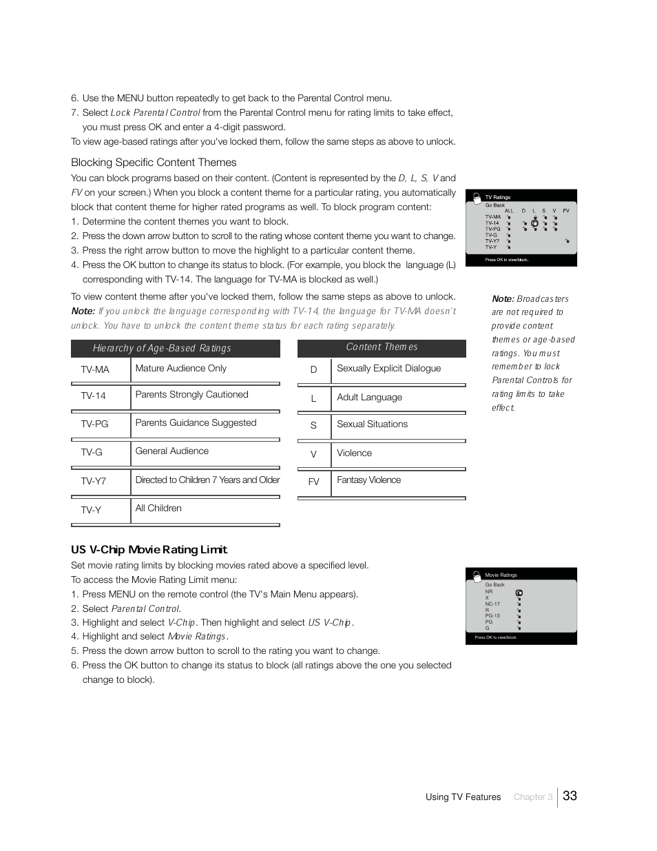 Us v-chip movie rating limit, Hierarchy of age-based ratings, Content themes | Lock parental control, D, l, s, v, Parental control, V-chip, Us v-chip, Movie ratings | RCA 31Series User Manual | Page 33 / 48