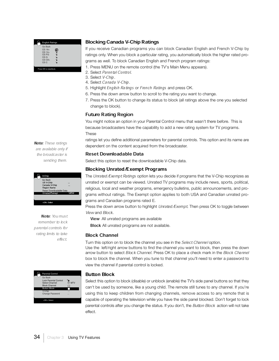 Reset downloadable data, Blocking unrated/exempt programs, Block channel | Button block, Unrated/exempt ratings, Unrated/exempt, View, Block, Select channel | RCA 31Series User Manual | Page 34 / 48