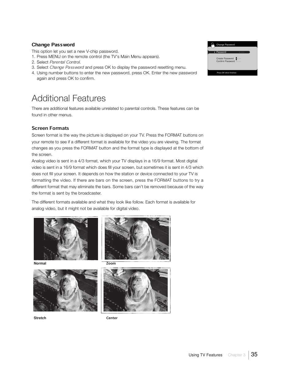 Additional features, Change password, Screen formats | RCA 31Series User Manual | Page 35 / 48