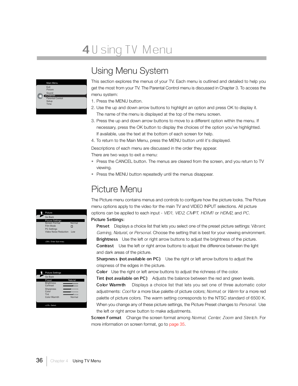 Using tv menu, Using menu system, Picture menu | Picture settings: preset, Brightness, Contrast, Sharpness (not available on pc), Color, Tint (not available on pc), Color warmth | RCA 31Series User Manual | Page 36 / 48