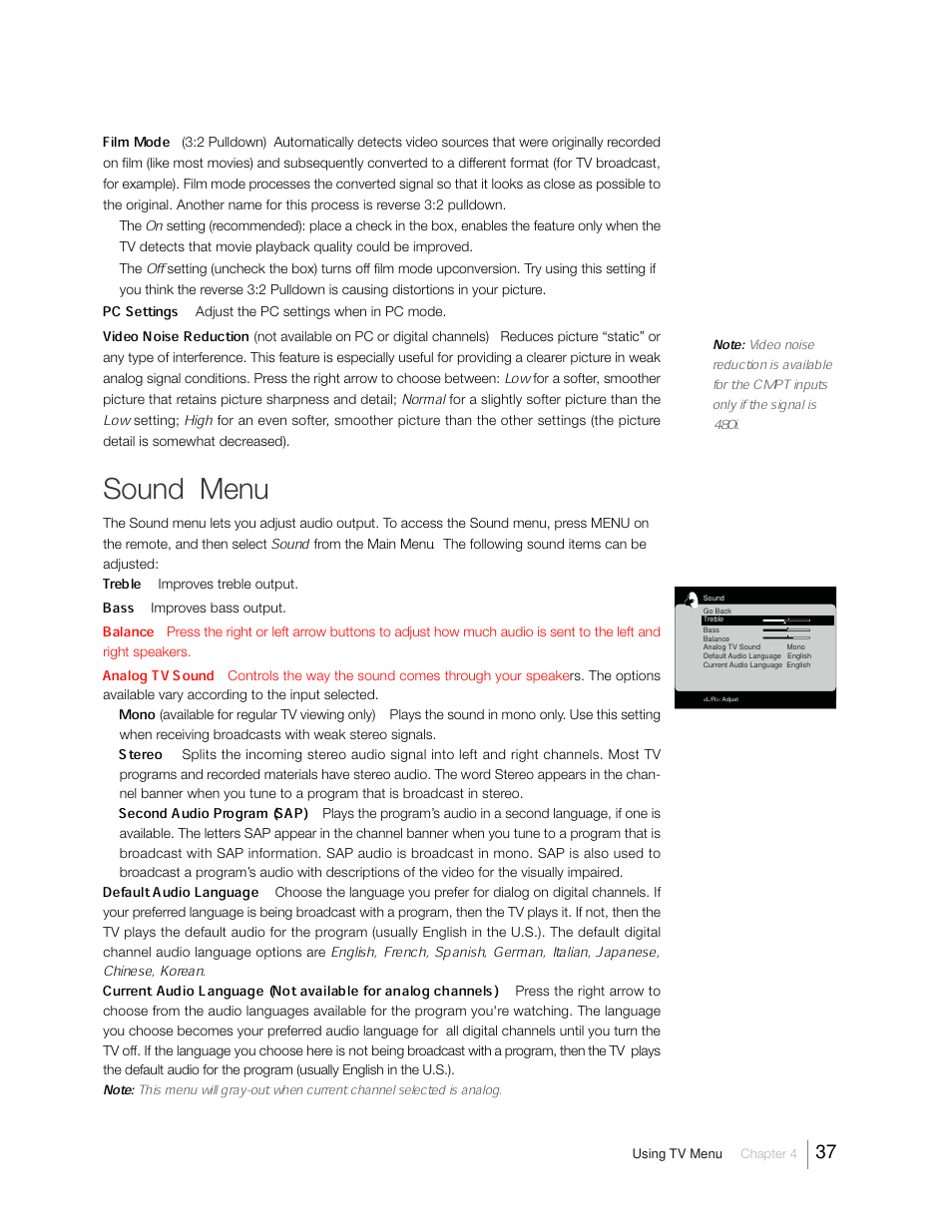 Sound menu, Film mode, Pc settings | Video noise reduction, Treble, Bass, Balance, Analog tv sound, Mono, Stereo | RCA 31Series User Manual | Page 37 / 48