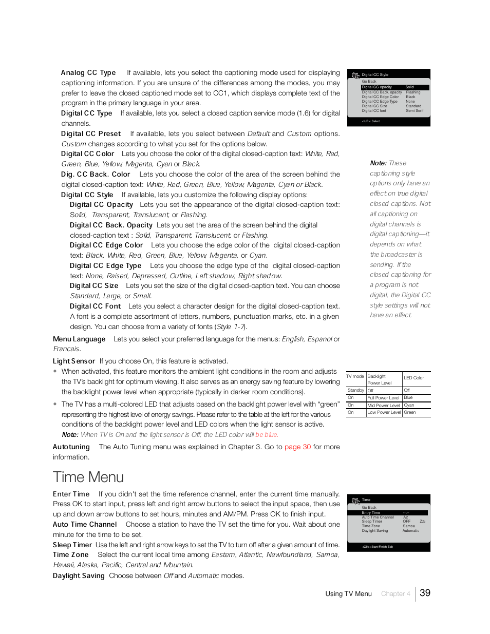 Time menu, Analog cc type, Digital cc type | Digital cc preset, Digital cc color, Dig. cc back. color, Digital cc style, Digital cc opacity, Digital cc back. opacity, Digital cc edge color | RCA 31Series User Manual | Page 39 / 48
