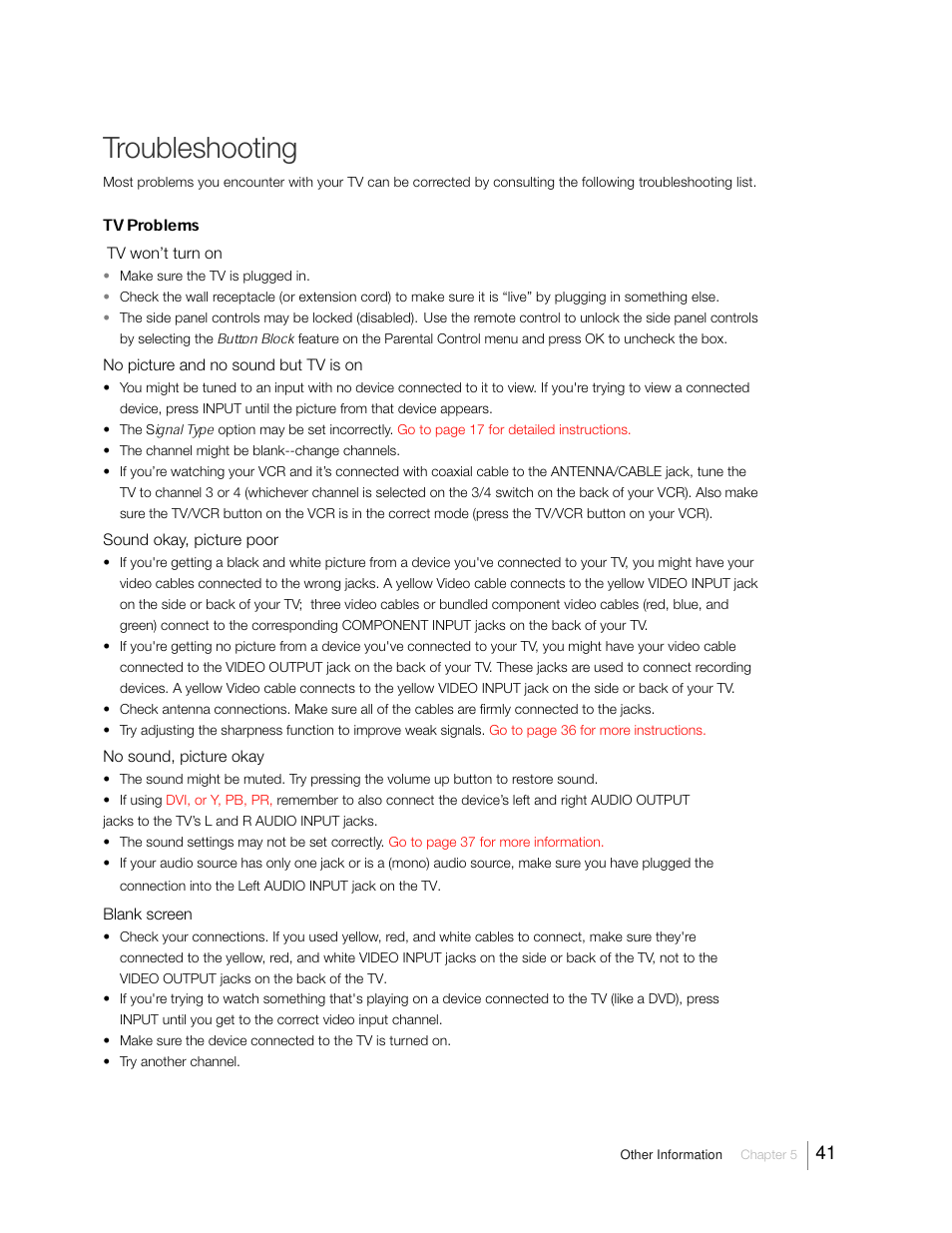 Troubleshooting, Tv problems | RCA 31Series User Manual | Page 41 / 48