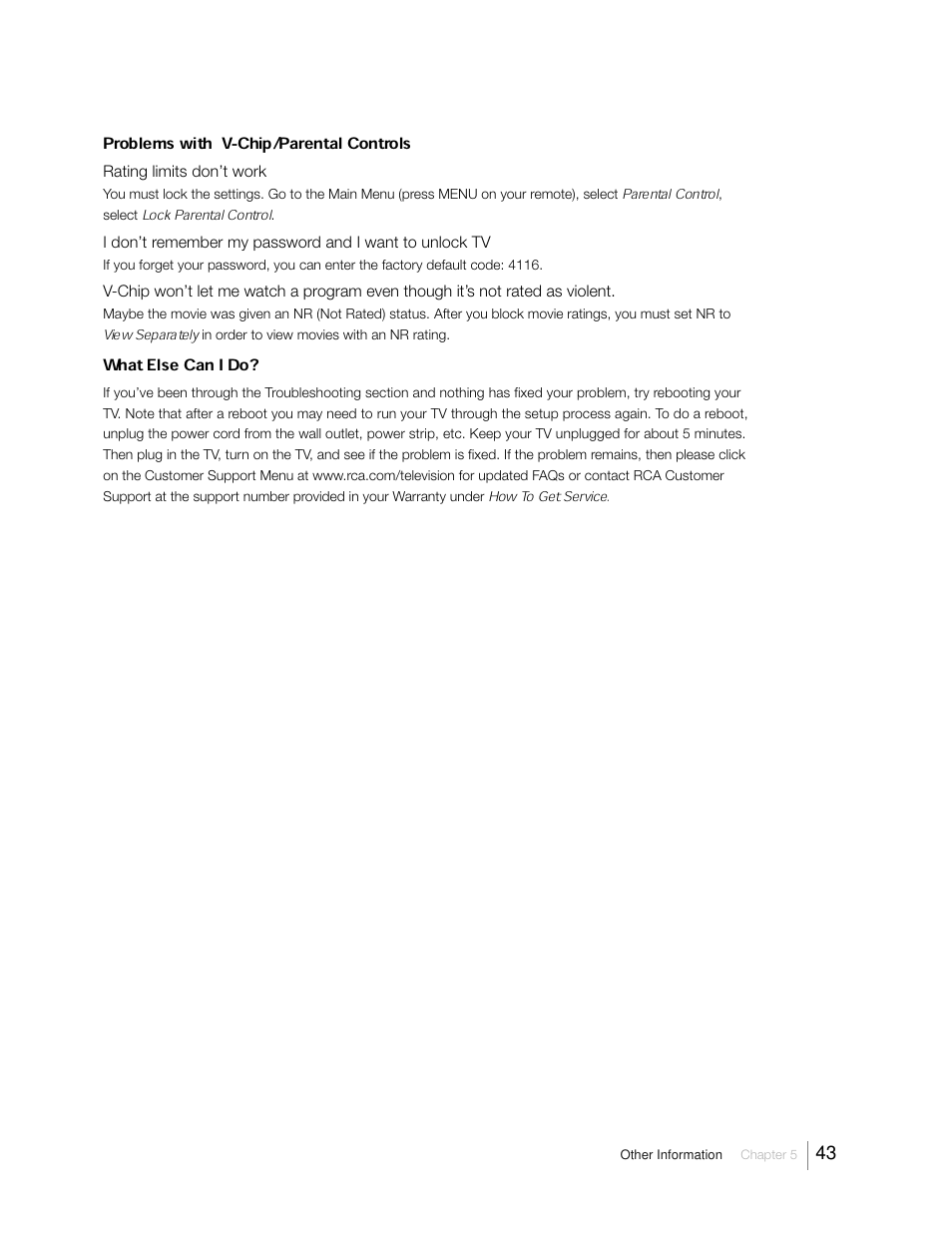 Problems with v-chip/parental controls, What else can i do | RCA 31Series User Manual | Page 43 / 48