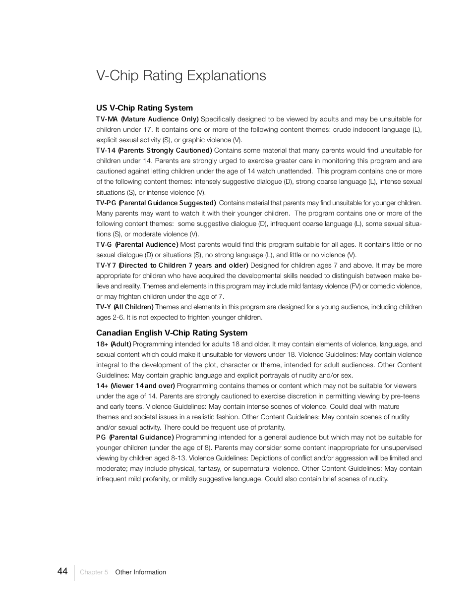 V-chip rating explanations, Us v-chip rating system, Canadian english v-chip rating system | RCA 31Series User Manual | Page 44 / 48