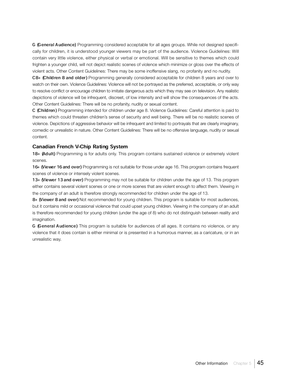 Canadian french v-chip rating system | RCA 31Series User Manual | Page 45 / 48