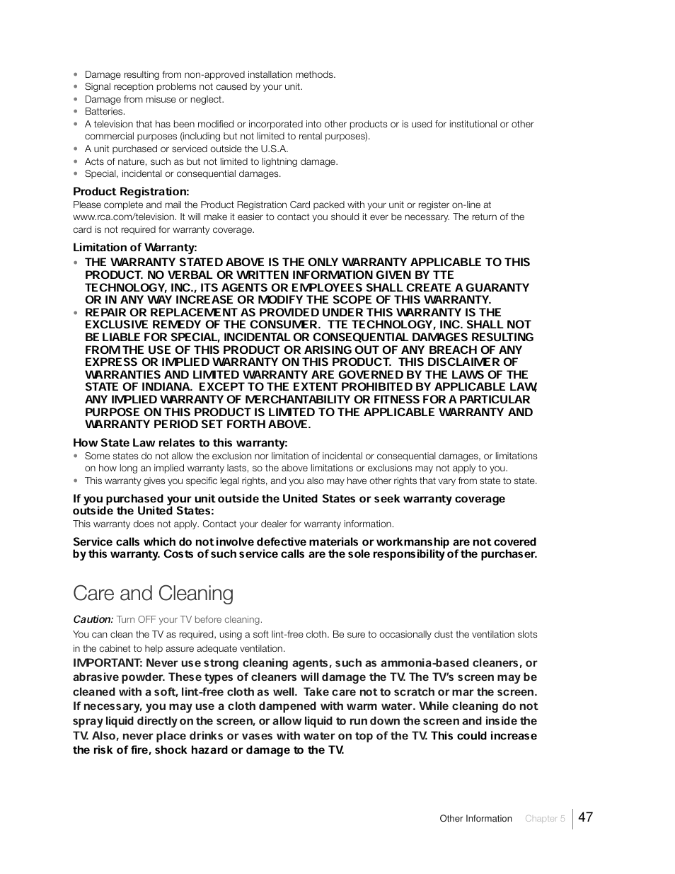 Care and cleaning, Product registration, Limitation of warranty | RCA 31Series User Manual | Page 47 / 48