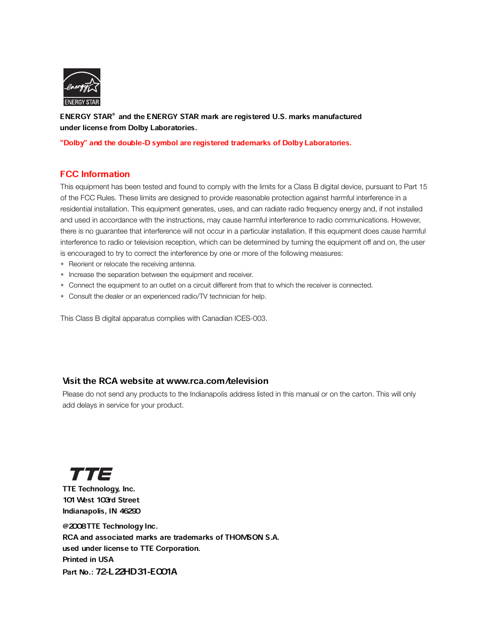 Fcc information | RCA 31Series User Manual | Page 48 / 48