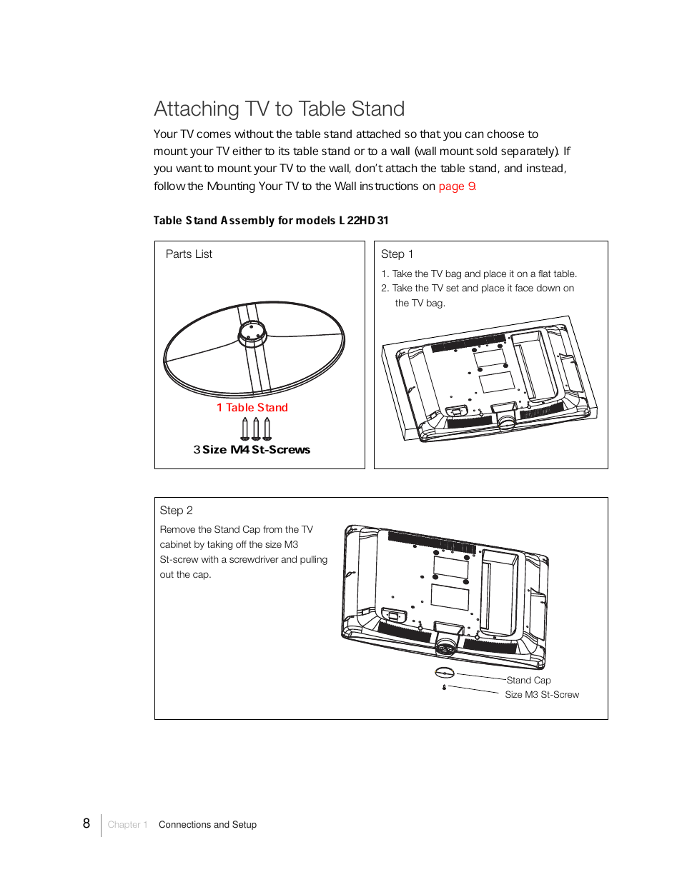 Attaching tv to table stand, Table stand assembly for models l22hd31 | RCA 31Series User Manual | Page 8 / 48