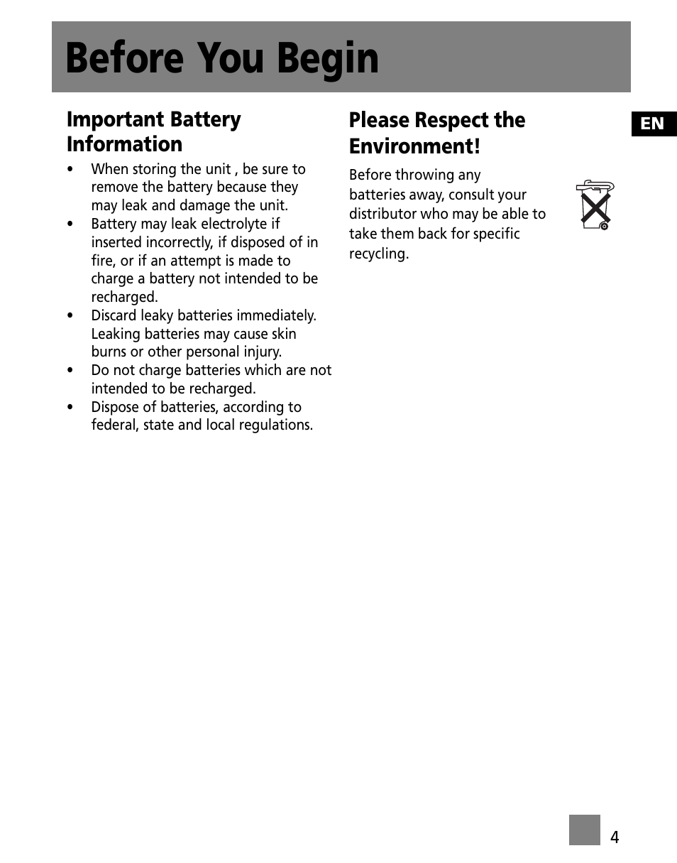 Before you begin, Important battery information, Please respect the environment | RCA M300 User Manual | Page 13 / 27