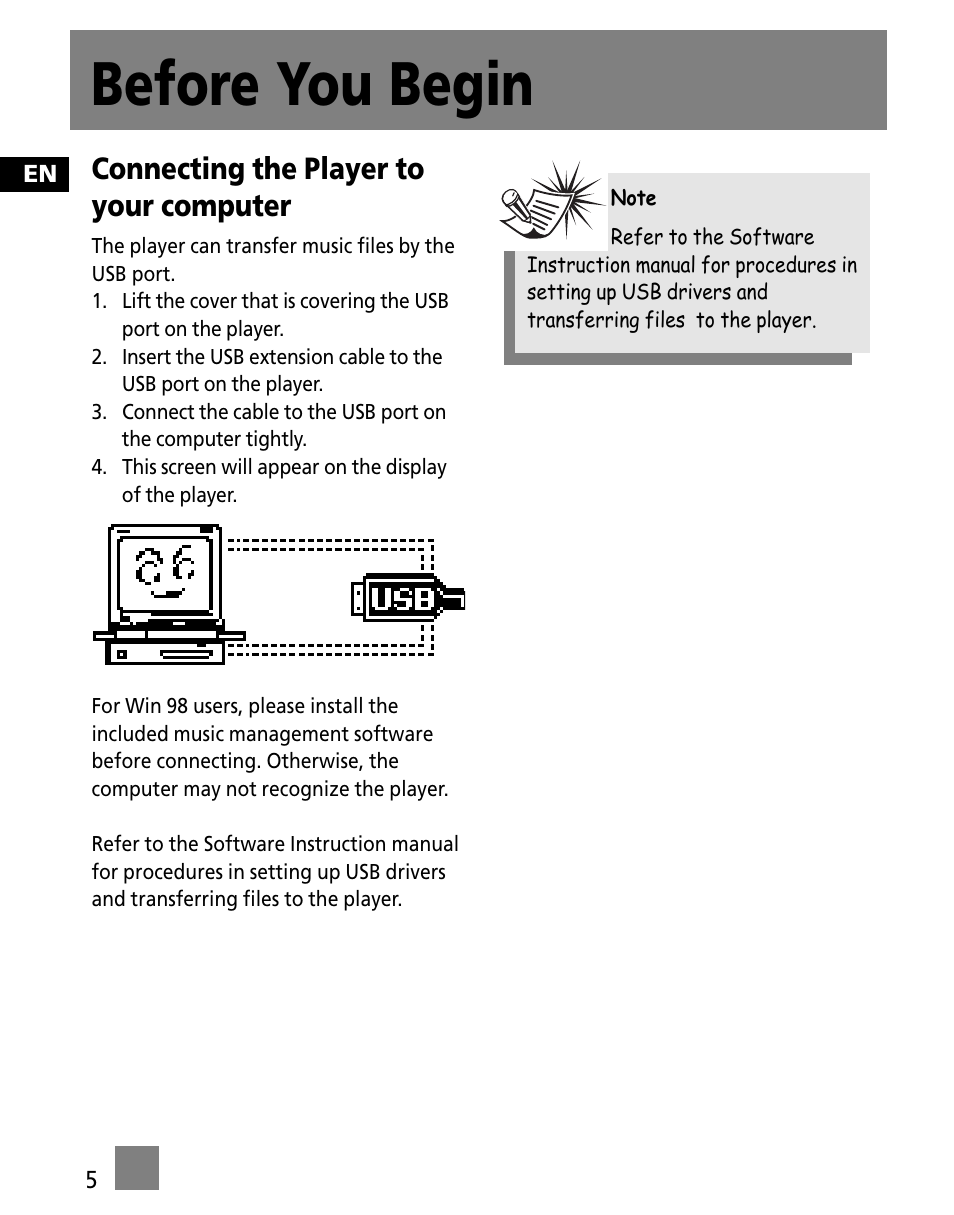 Before you begin, Connecting the player to your computer | RCA M300 User Manual | Page 14 / 27