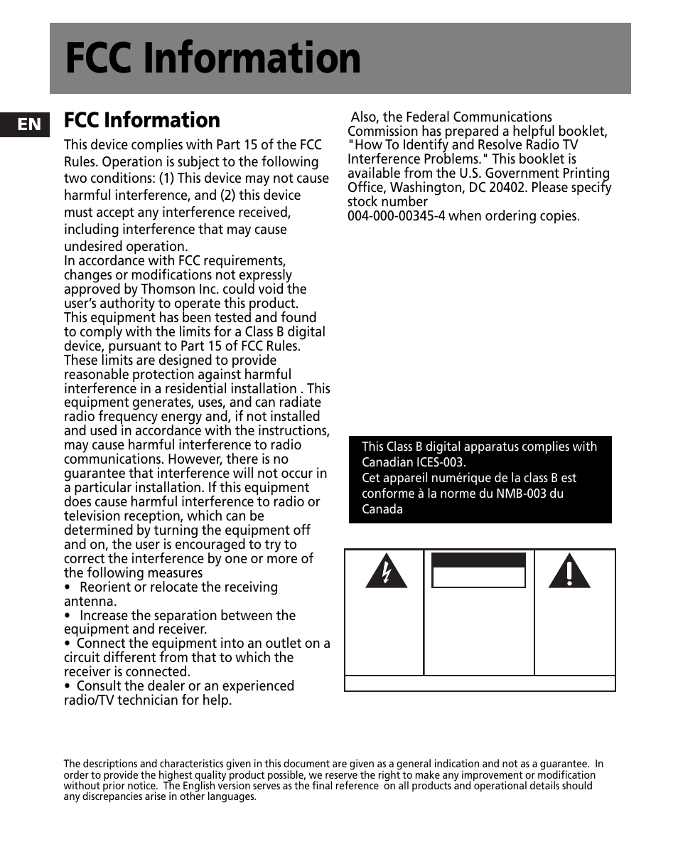Fcc information | RCA M300 User Manual | Page 2 / 27