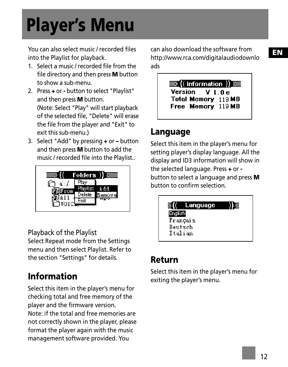 Player’s menu, Information, Language | Return | RCA M300 User Manual | Page 21 / 27