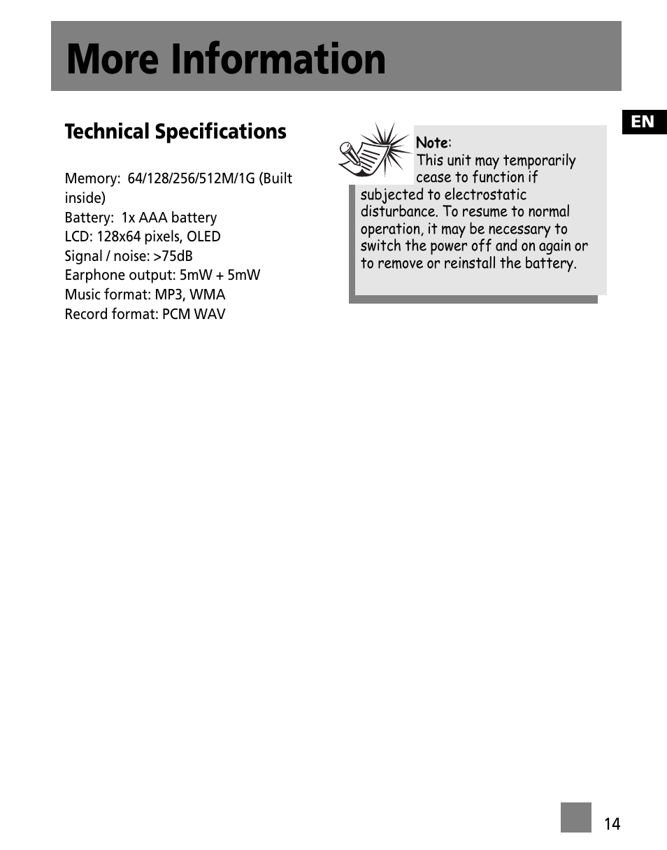 More information, Technical specifications | RCA M300 User Manual | Page 23 / 27