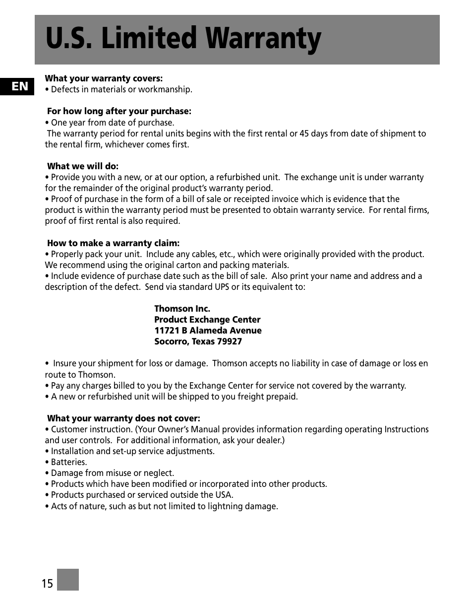 U.s. limited warranty | RCA M300 User Manual | Page 24 / 27