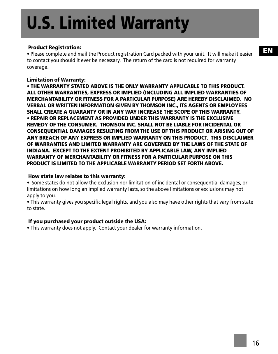 U.s. limited warranty | RCA M300 User Manual | Page 25 / 27