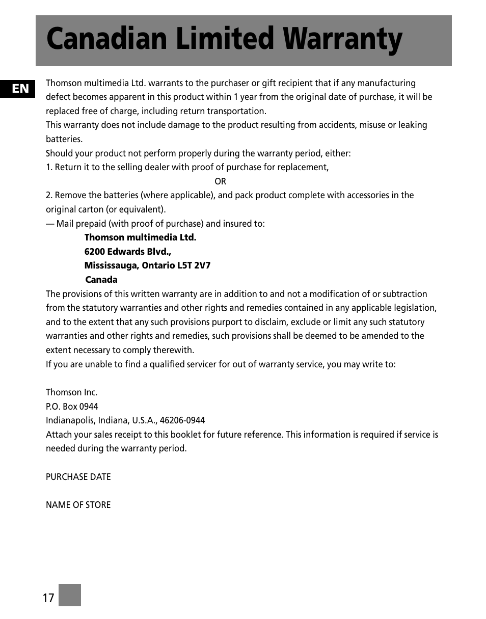 Canadian limited warranty | RCA M300 User Manual | Page 26 / 27