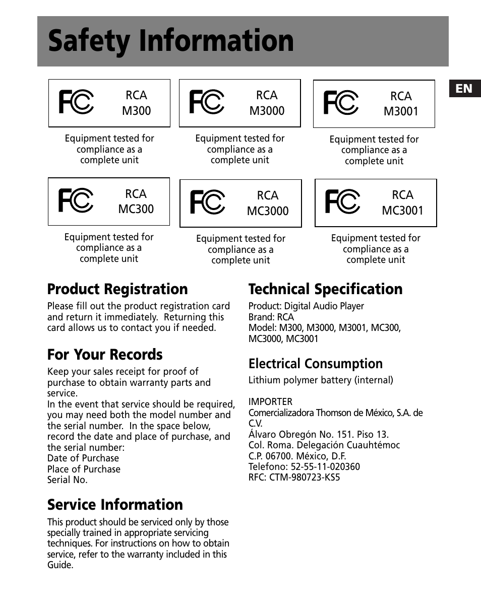 Safety information, Product registration, For your records | Service information, Technical specification, Electrical consumption | RCA M300 User Manual | Page 3 / 27