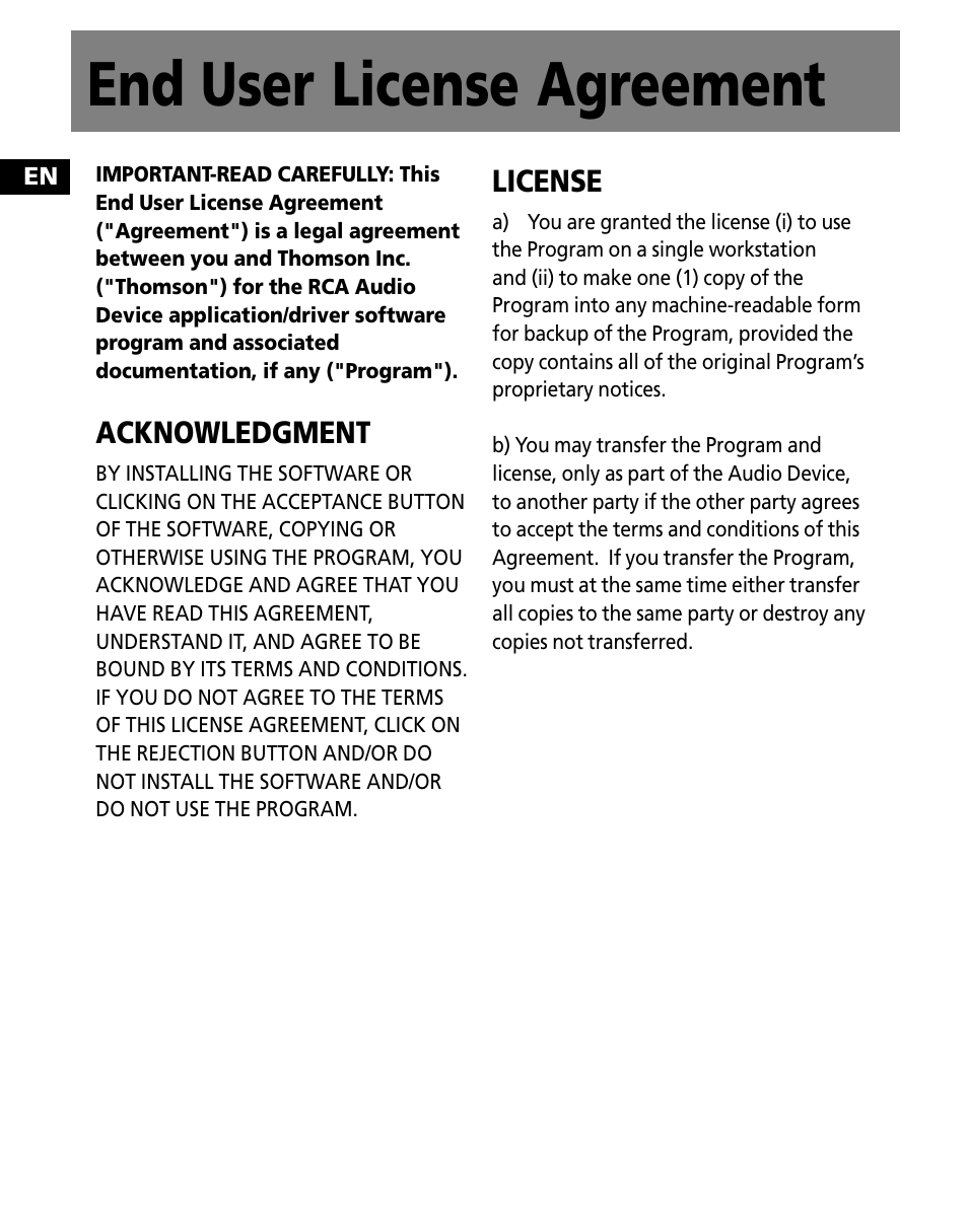 End user license agreement | RCA M300 User Manual | Page 4 / 27