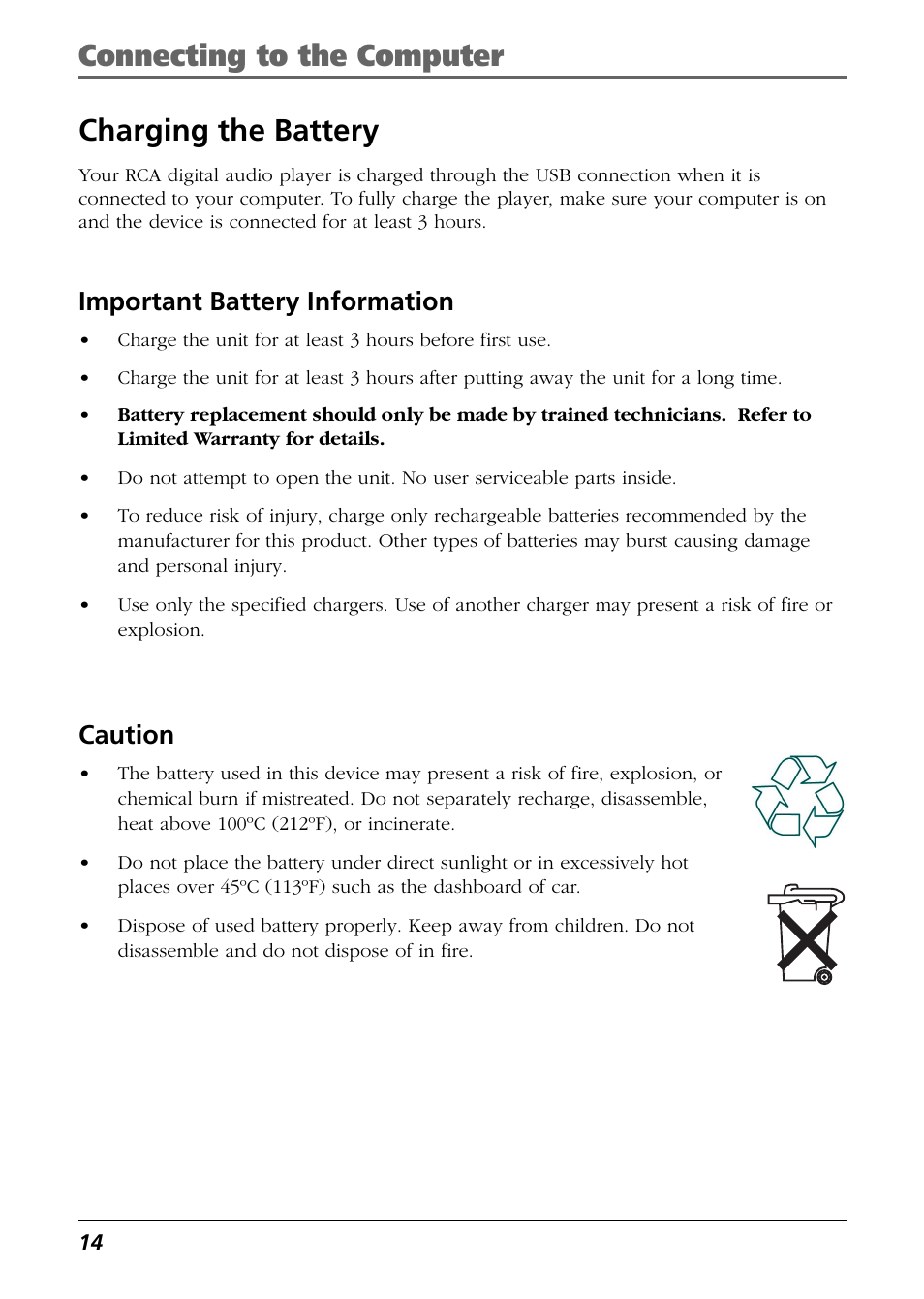 Charging the battery, Important battery information, Caution | Connecting to the computer charging the battery | RCA H106 User Manual | Page 14 / 40