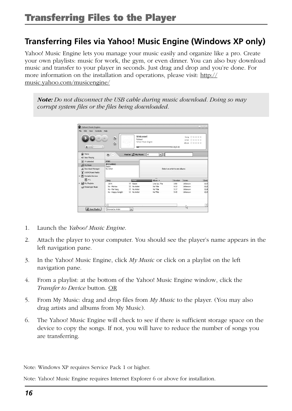 Transferring files to the player | RCA H106 User Manual | Page 16 / 40