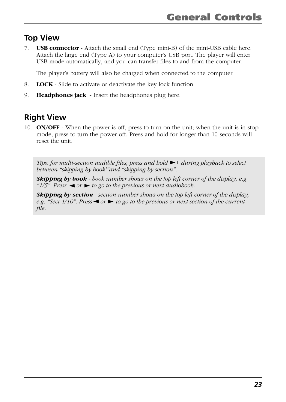 Top view, Right view, General controls | RCA H106 User Manual | Page 23 / 40