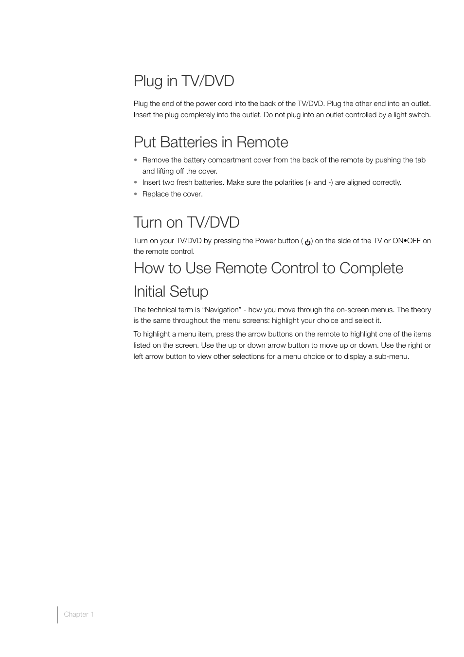 Plug in tv/dvd, Put batteries in remote, Turn on tv/dvd | RCA L40HD33D User Manual | Page 18 / 56